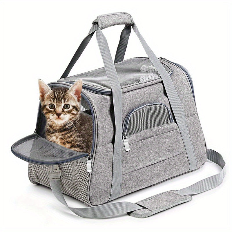 Portable Cat Carrier with Plush Mat - Large Capacity Breathable Travel Bag for Pet Outings, Zipper Closure, Ventilated Mesh & Soft Lining, Secure Straps for Car & Outdoor Use, Cat Travel Carrier, Secure Latching System - PAW-SOME PETS
