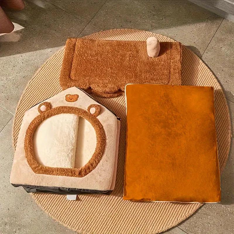 2-in-1 Half-Enclosed Brown Dog House & Cat Bed with Removable Soft Cushioned Bedding - Cozy Pet Shelter with Entrance Tunnel for Small Dogs & Cats, Durable Indoor/Outdoor House for Pomeranian, Chihuahua, Shih Tzu - Space-Savi