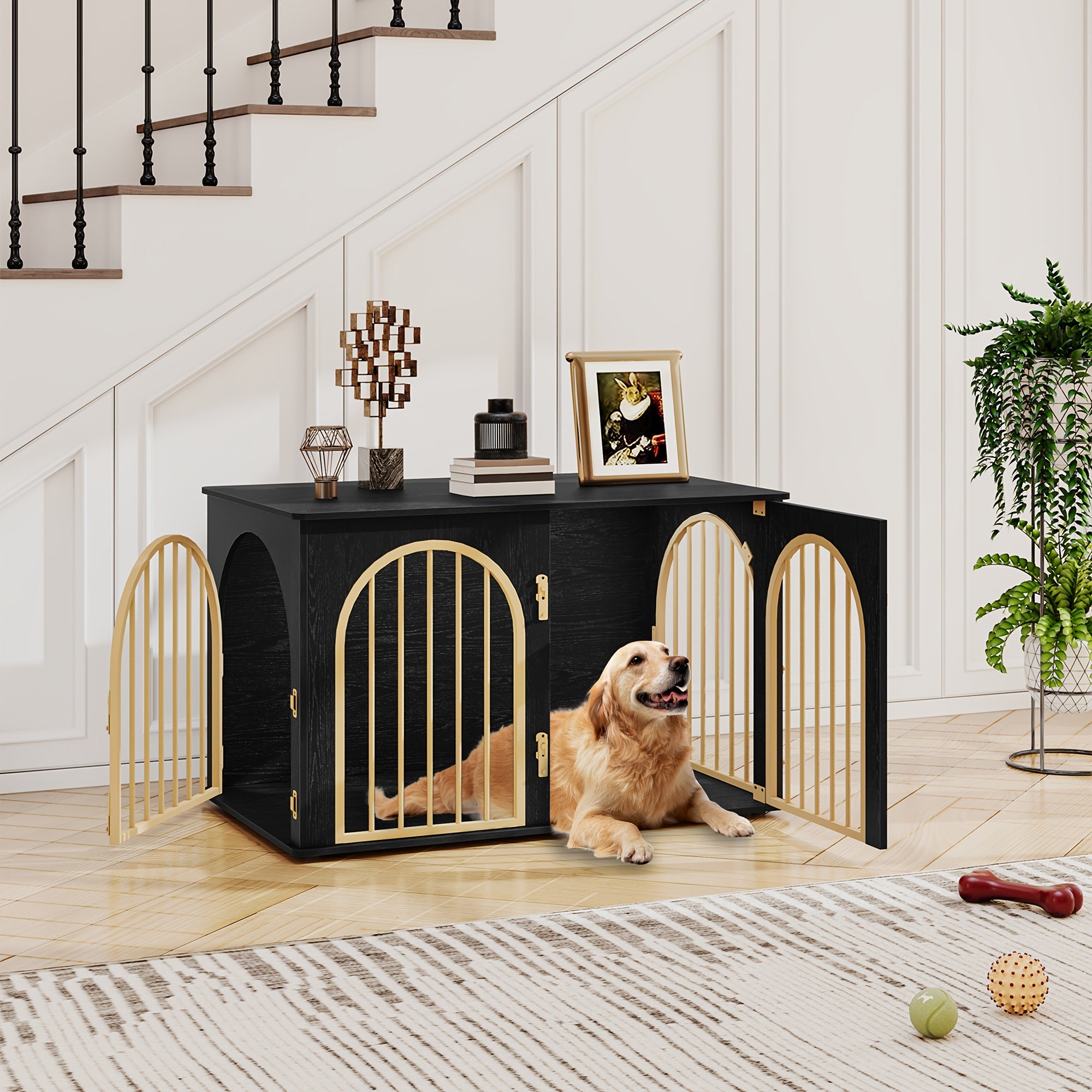 Dog Cage Furniture, 100cm Dog Box, 3 Doors, Arched Door, Modern Indoor Dog Box for Dogs Up to 100kg, Side Table, Dog Cage for Home - PAW-SOME PETS