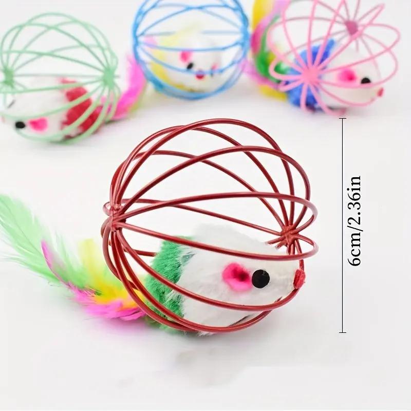 Cat Toy Cage Mouse Teaser Stick with Artificial Feather Tail Mini Ball Self-Entertaining Cat Toy