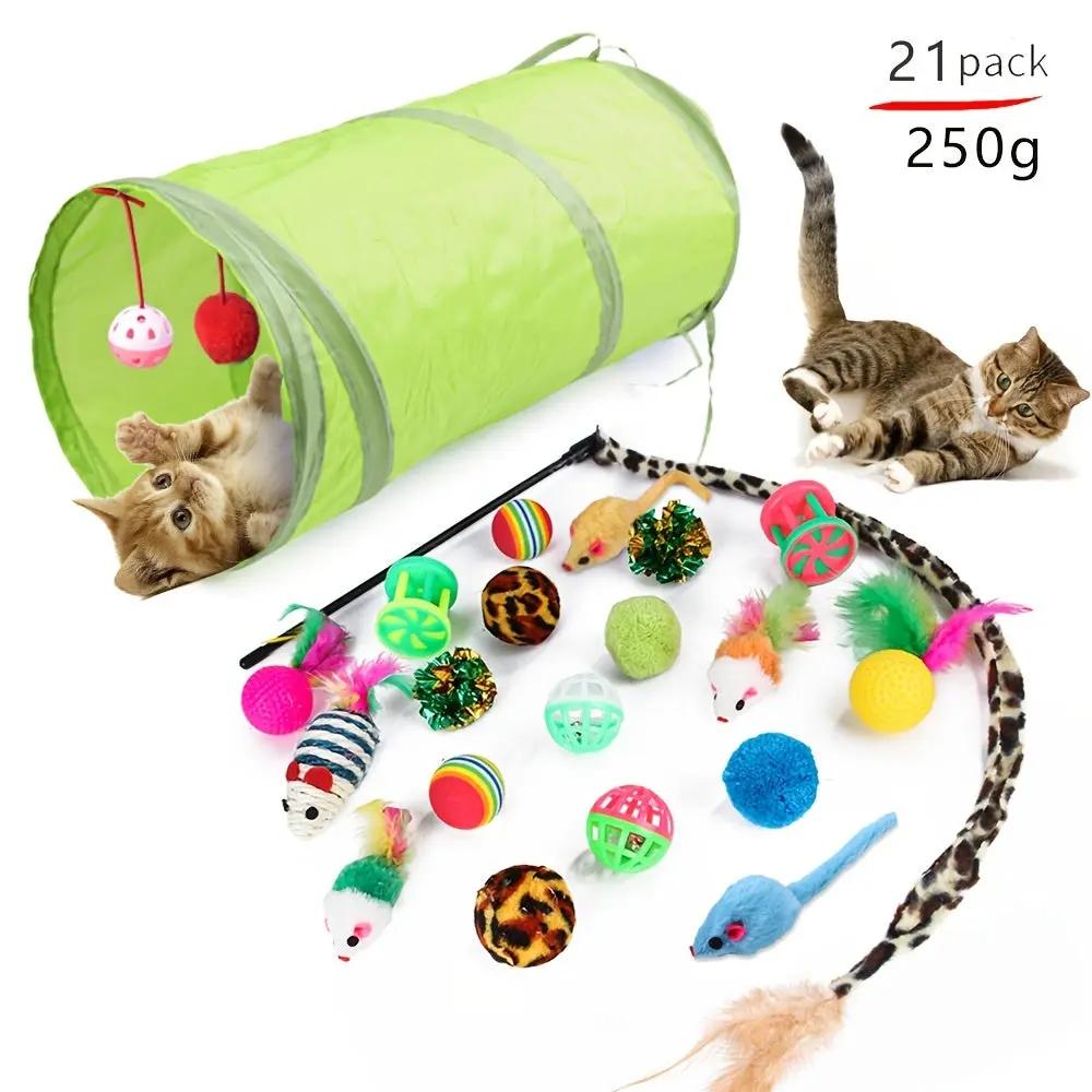12pcs/15pcs/21pcs/27pcs Cat Channel Teasing Stick & Tunnel Set with Interactive Plush Mouse, Bell Sound, Artificial Fiber Feather Toys - Multi-Directional Play, Suitable for Cats, Scratching Posts