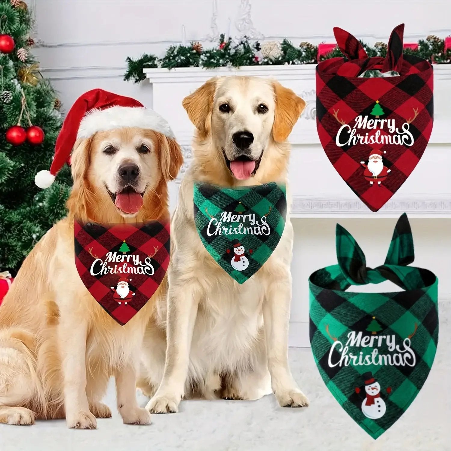 Christmas Dog Bandana with Santa Hat & "Merry Christmas" Lettering - Adjustable Holiday Pet Accessory for Small, Medium & Large Dogs - Festive Party Decorations, Plaid & Snowman Designs