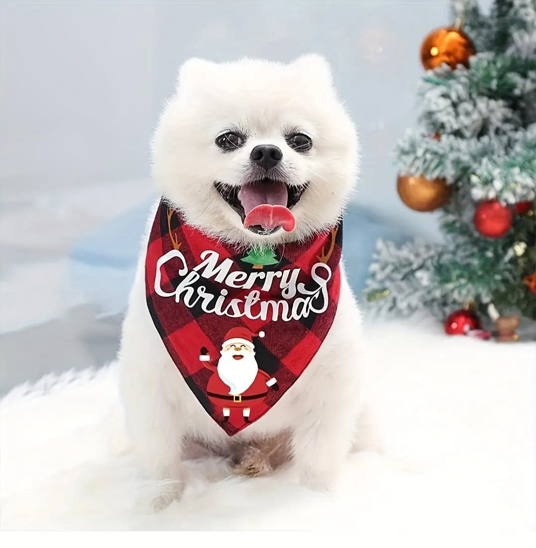Christmas Dog Bandana with Santa Hat & "Merry Christmas" Lettering - Adjustable Holiday Pet Accessory for Small, Medium & Large Dogs - Festive Party Decorations, Plaid & Snowman Designs