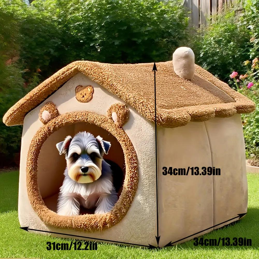 2-in-1 Half-Enclosed Brown Dog House & Cat Bed with Removable Soft Cushioned Bedding - Cozy Pet Shelter with Entrance Tunnel for Small Dogs & Cats, Durable Indoor/Outdoor House for Pomeranian, Chihuahua, Shih Tzu - Space-Savi