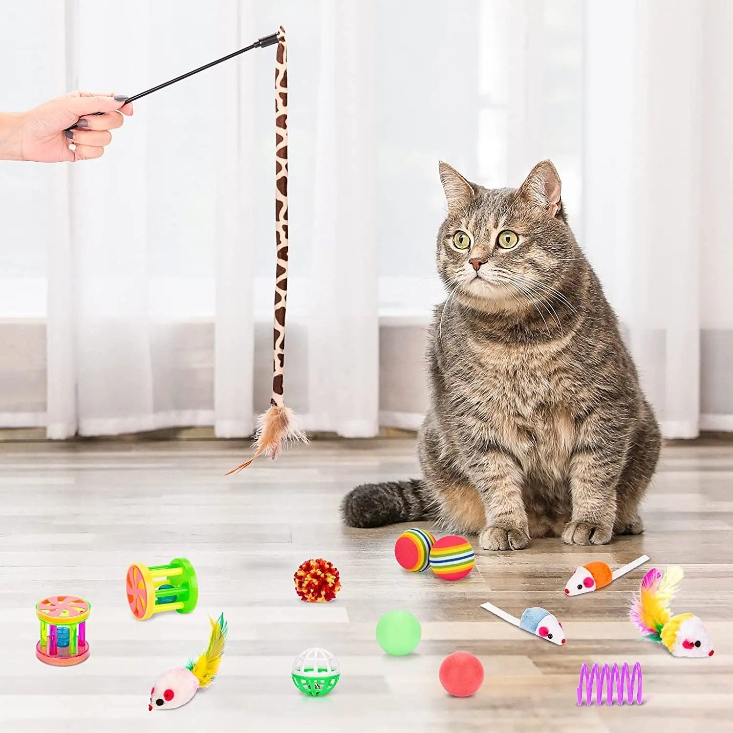 12pcs/15pcs/21pcs/27pcs Cat Channel Teasing Stick & Tunnel Set with Interactive Plush Mouse, Bell Sound, Artificial Fiber Feather Toys - Multi-Directional Play, Suitable for Cats, Scratching Posts