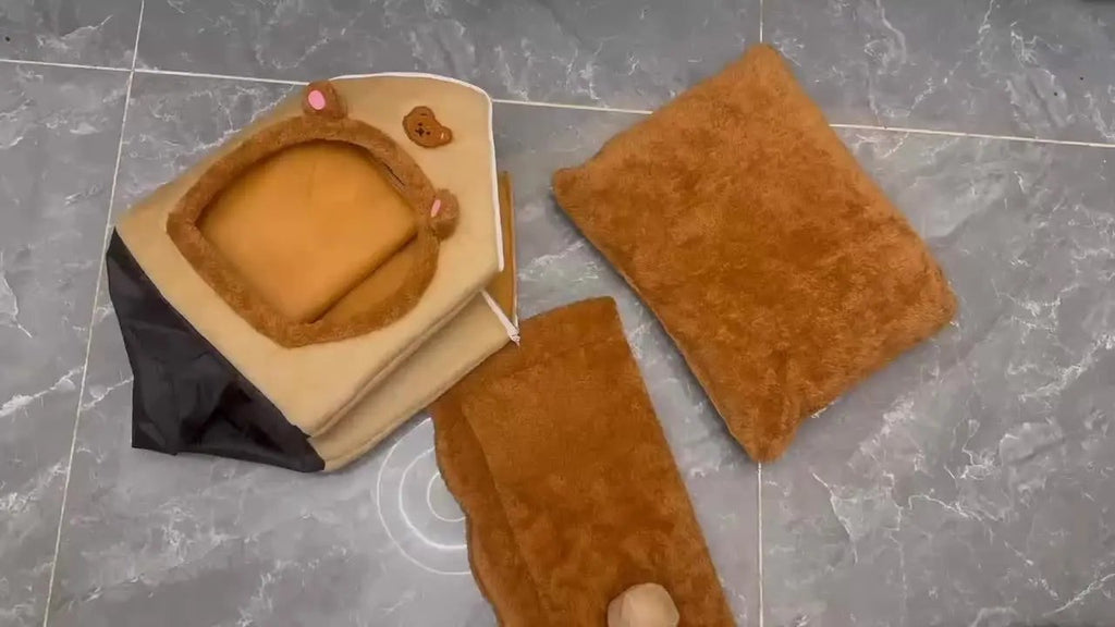 2-in-1 Half-Enclosed Brown Dog House & Cat Bed with Removable Soft Cushioned Bedding - Cozy Pet Shelter with Entrance Tunnel for Small Dogs & Cats, Durable Indoor/Outdoor House for Pomeranian, Chihuahua, Shih Tzu - Space-Savi