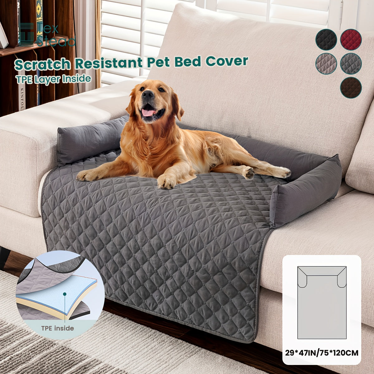 1pc TEXSTEAD Pet Sofa Bed - Scratch & Slip Resistant, Washable Dog & Cat Furniture Cover with Bolster Cushions, Gray & White Checkered Design for Small to Large Dogs, Cozy Home Decor, Dog Bed for Dogs, Cozy Pet Furniture, Che - PAW-SOME PETS