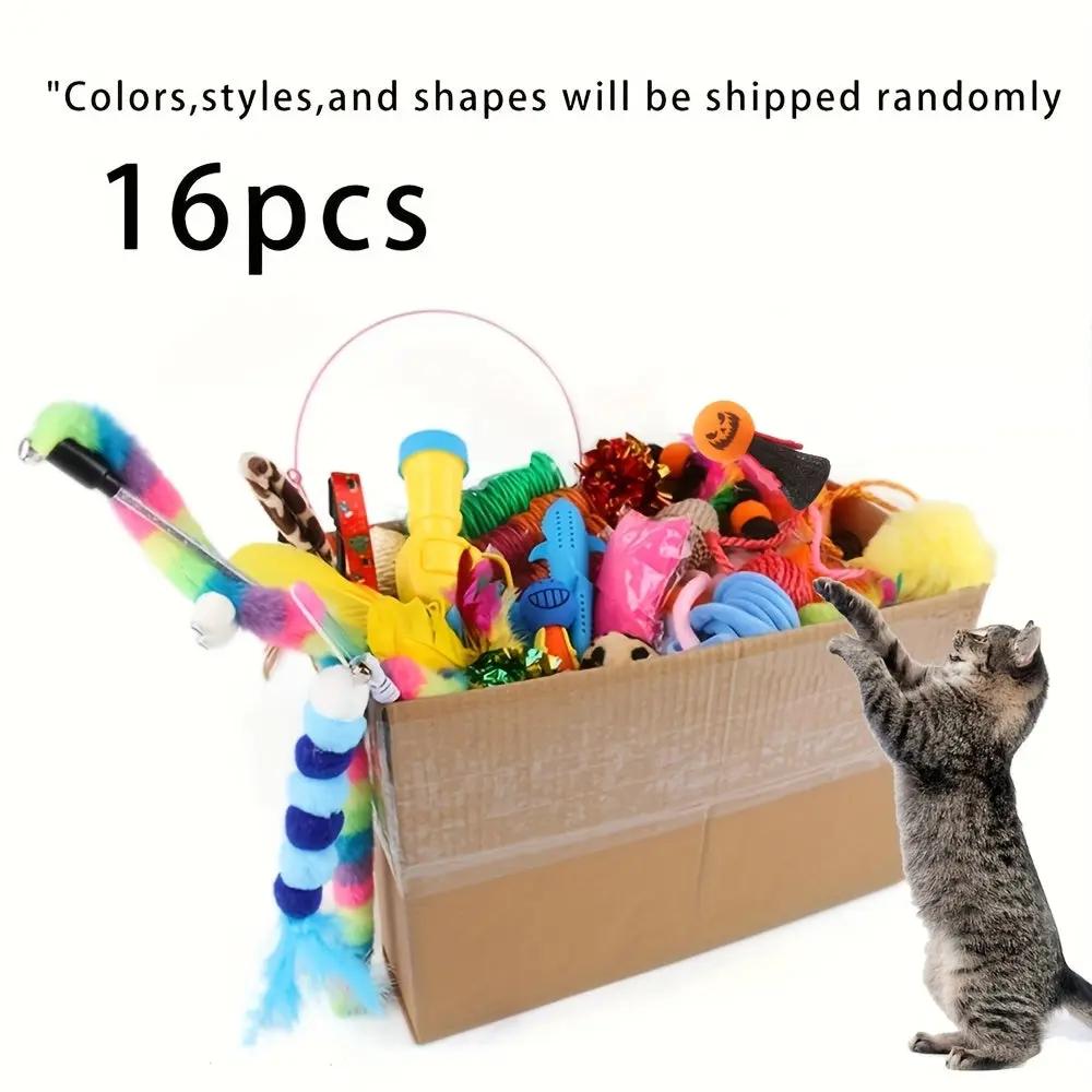 200pcs/64pcs/32pcs/16pcs Mixed Cat Toy Set - Assorted Plastic Toys for Multiple Cats, Random Colors & Styles, Keeps Playtime Fun Every Day (Plastic/Polyester/Artificial feathers)