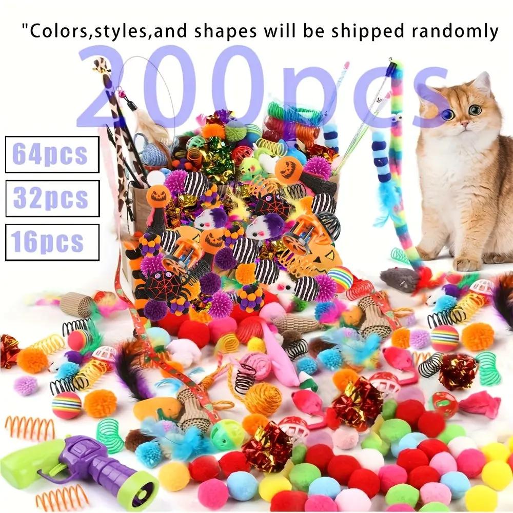 200pcs/64pcs/32pcs/16pcs Mixed Cat Toy Set - Assorted Plastic Toys for Multiple Cats, Random Colors & Styles, Keeps Playtime Fun Every Day (Plastic/Polyester/Artificial feathers)
