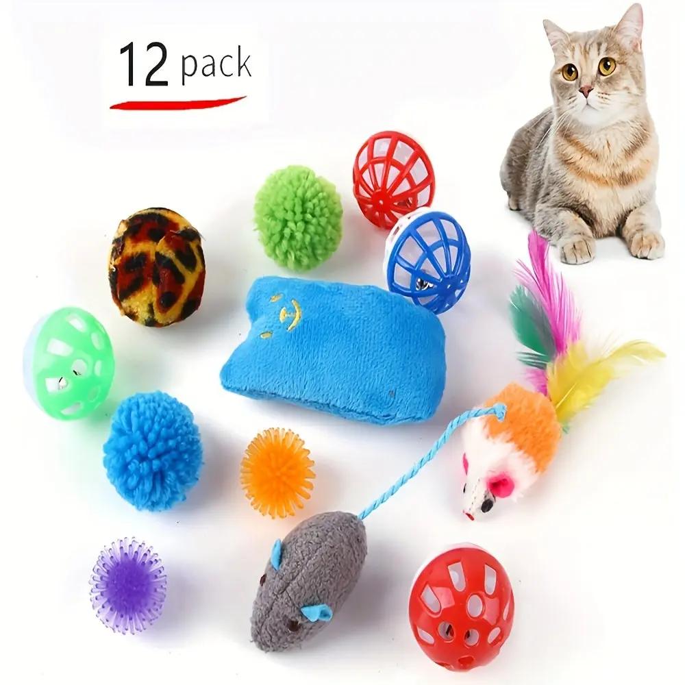 12pcs/15pcs/21pcs/27pcs Cat Channel Teasing Stick & Tunnel Set with Interactive Plush Mouse, Bell Sound, Artificial Fiber Feather Toys - Multi-Directional Play, Suitable for Cats, Scratching Posts