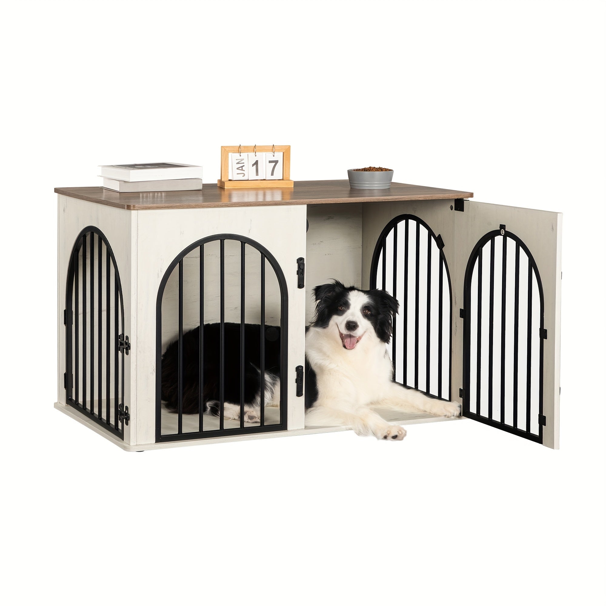 Dog Cage Furniture, 100cm Dog Box, 3 Doors, Arched Door, Modern Indoor Dog Box for Dogs Up to 100kg, Side Table, Dog Cage for Home - PAW-SOME PETS