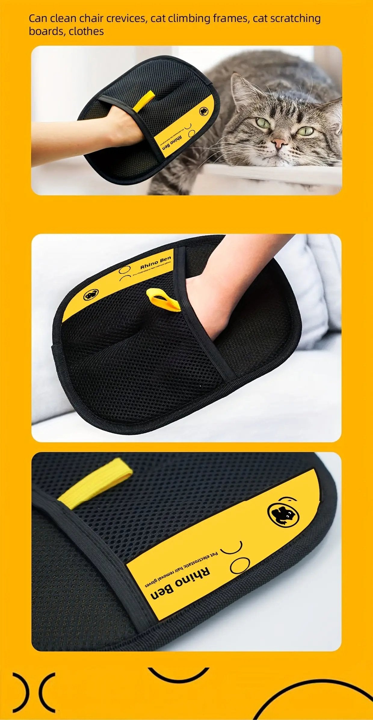 Upgraded Large Pet Static Hair Removal Gloves - Black Polypropylene Cat Grooming Gloves with Yellow Accents, 24.99cm*17.98cm, Efficient Pet Hair and Dander Removal, Essential Tool for Cats and Dogs | Stylish Pet Accessory | D