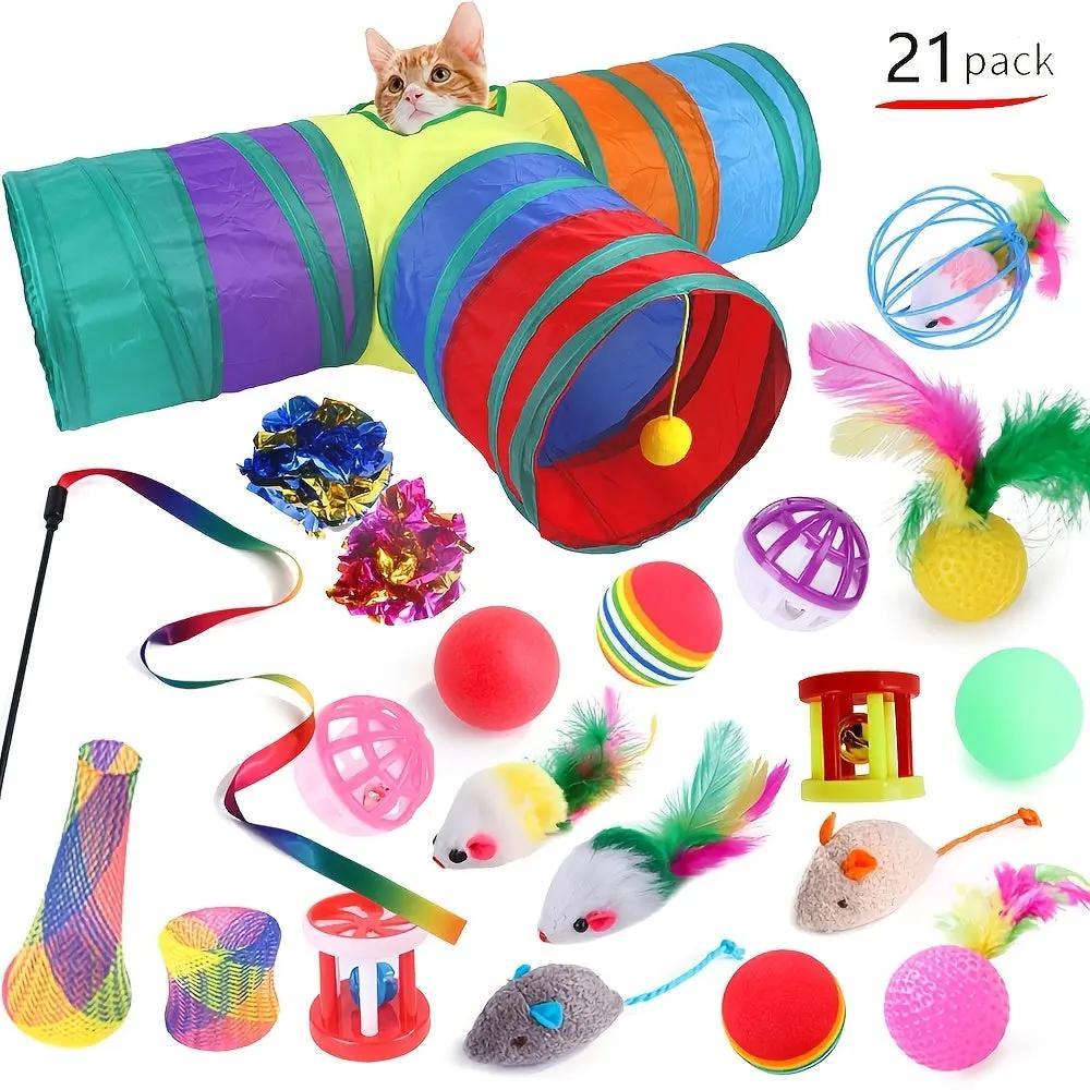 12pcs/15pcs/21pcs/27pcs Cat Channel Teasing Stick & Tunnel Set with Interactive Plush Mouse, Bell Sound, Artificial Fiber Feather Toys - Multi-Directional Play, Suitable for Cats, Scratching Posts