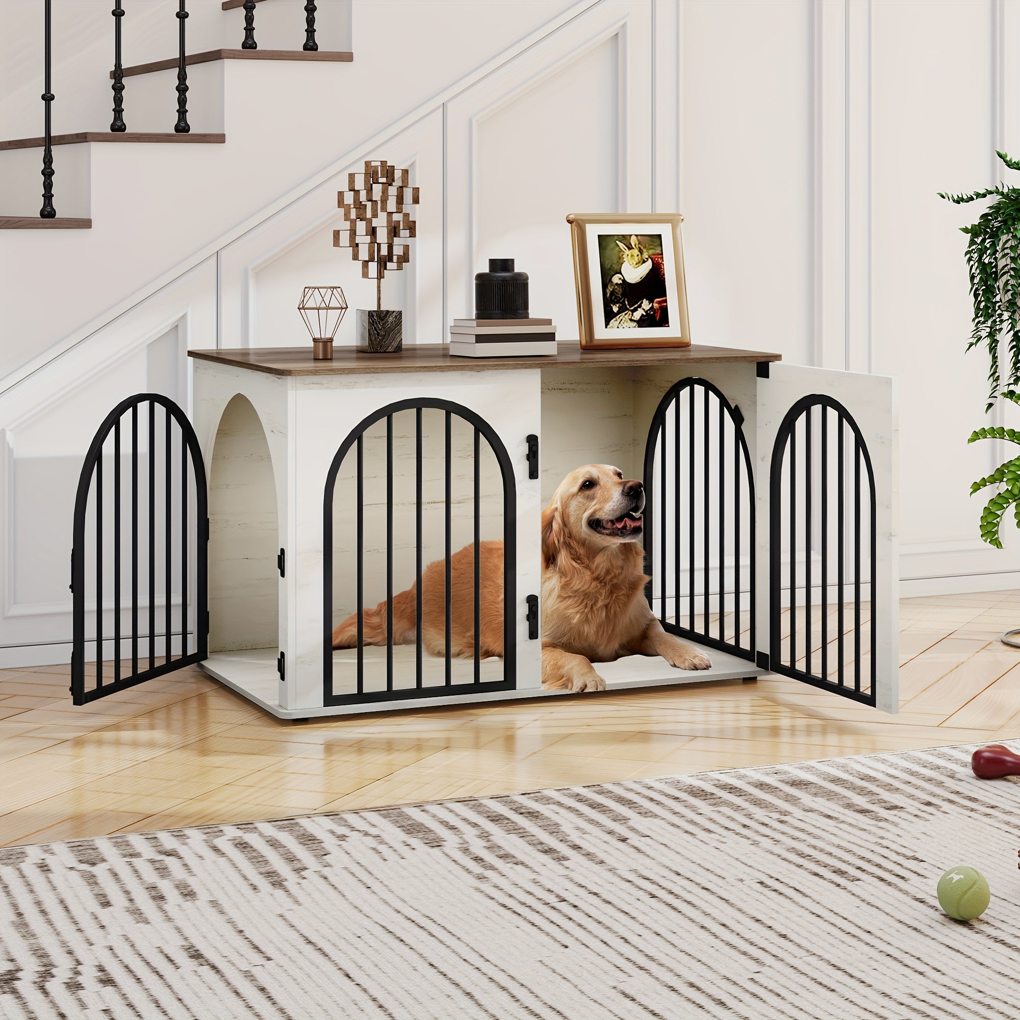 Dog Cage Furniture, 100cm Dog Box, 3 Doors, Arched Door, Modern Indoor Dog Box for Dogs Up to 100kg, Side Table, Dog Cage for Home - PAW-SOME PETS