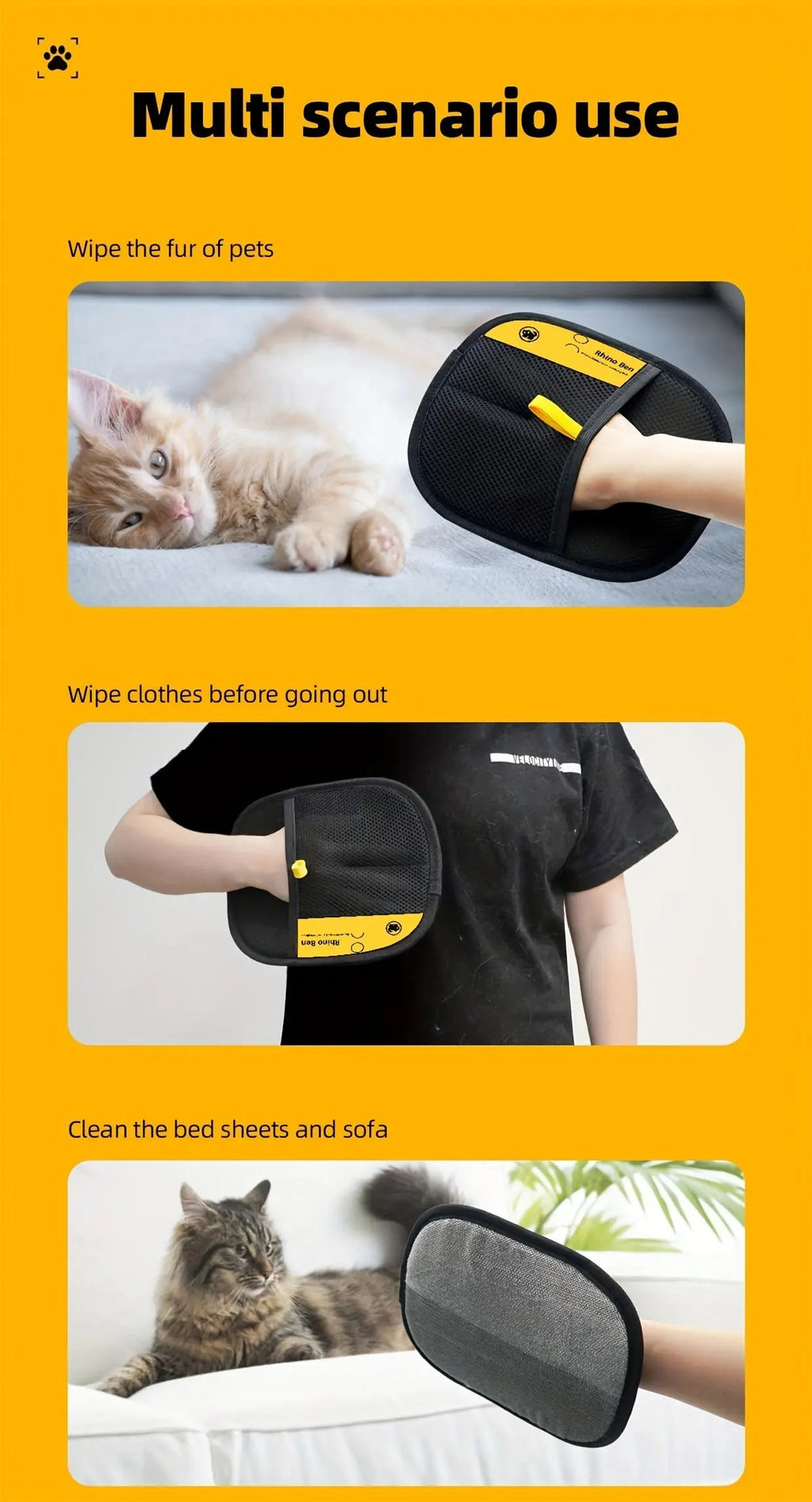 Upgraded Large Pet Static Hair Removal Gloves - Black Polypropylene Cat Grooming Gloves with Yellow Accents, 24.99cm*17.98cm, Efficient Pet Hair and Dander Removal, Essential Tool for Cats and Dogs | Stylish Pet Accessory | D