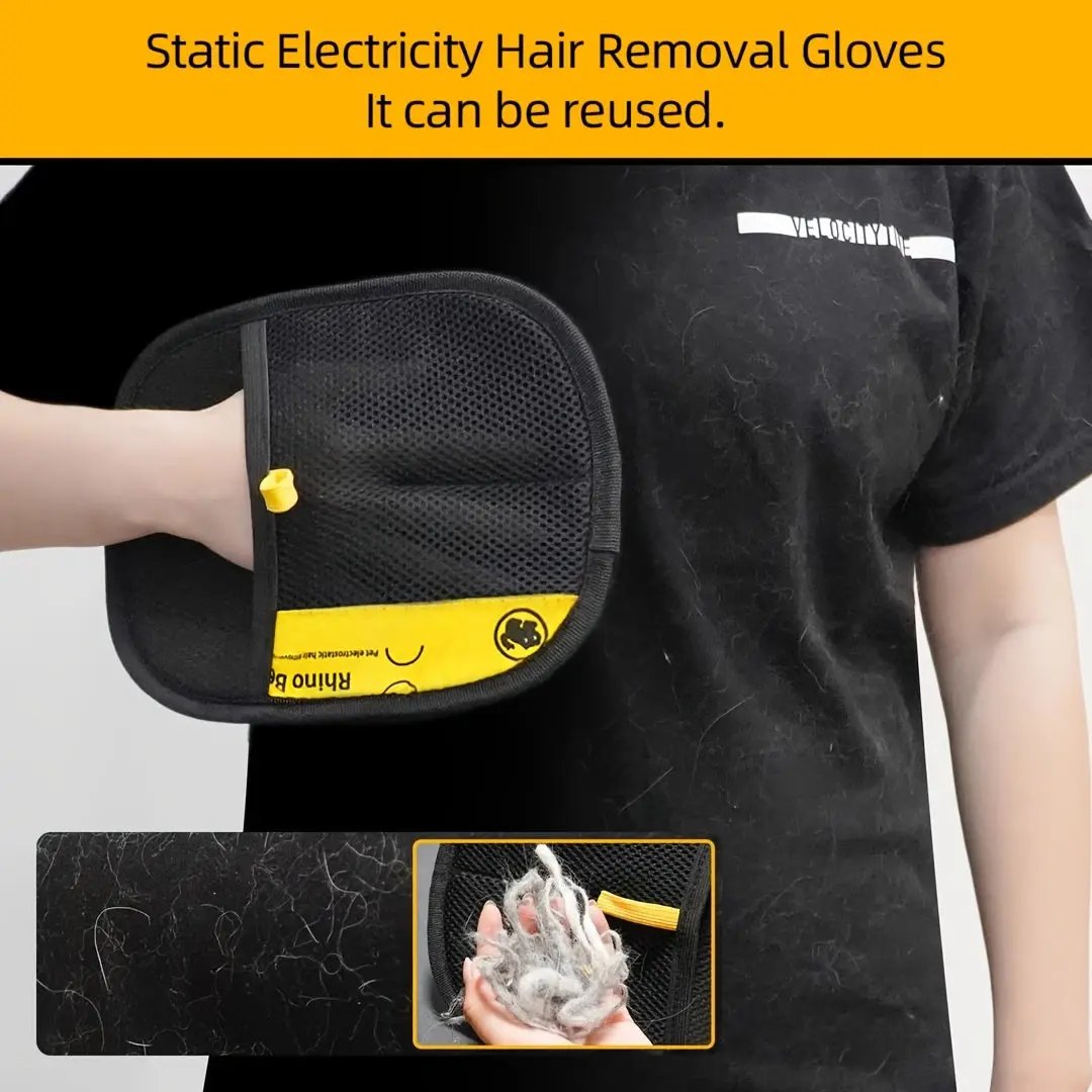 Upgraded Large Pet Static Hair Removal Gloves - Black Polypropylene Cat Grooming Gloves with Yellow Accents, 24.99cm*17.98cm, Efficient Pet Hair and Dander Removal, Essential Tool for Cats and Dogs | Stylish Pet Accessory | D