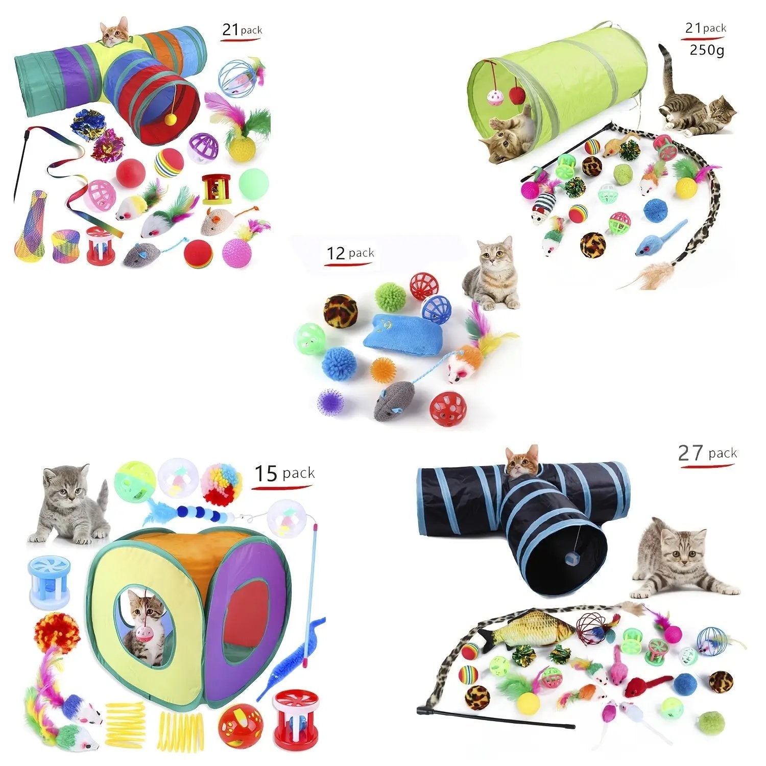 12pcs/15pcs/21pcs/27pcs Cat Channel Teasing Stick & Tunnel Set with Interactive Plush Mouse, Bell Sound, Artificial Fiber Feather Toys - Multi-Directional Play, Suitable for Cats, Scratching Posts