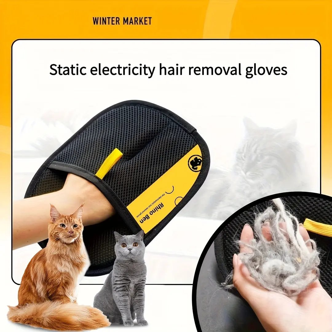Upgraded Large Pet Static Hair Removal Gloves - Black Polypropylene Cat Grooming Gloves with Yellow Accents, 24.99cm*17.98cm, Efficient Pet Hair and Dander Removal, Essential Tool for Cats and Dogs | Stylish Pet Accessory | D