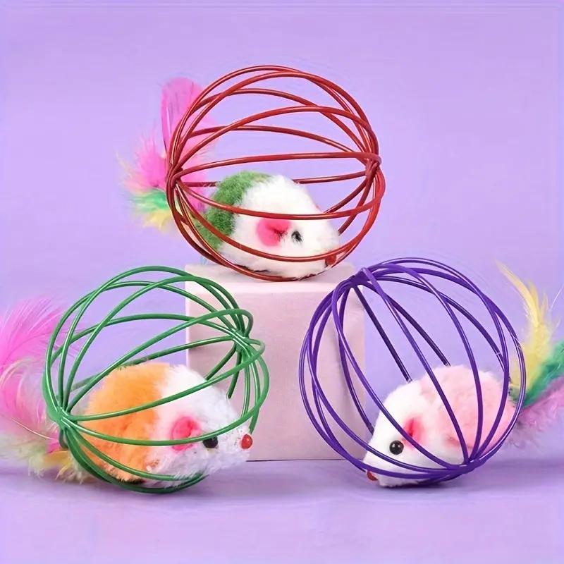 Cat Toy Cage Mouse Teaser Stick with Artificial Feather Tail Mini Ball Self-Entertaining Cat Toy