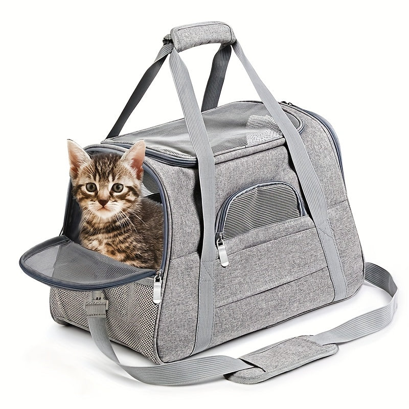 Portable Cat Carrier with Plush Mat - Large Capacity Breathable Travel Bag for Pet Outings, Zipper Closure, Ventilated Mesh & Soft Lining, Secure Straps for Car & Outdoor Use, Cat Travel Carrier, Secure Latching System - PAW-SOME PETS