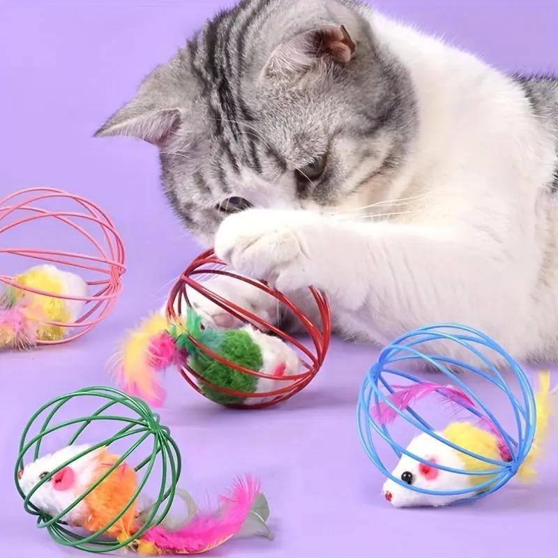 Cat Toy Cage Mouse Teaser Stick with Artificial Feather Tail Mini Ball Self-Entertaining Cat Toy