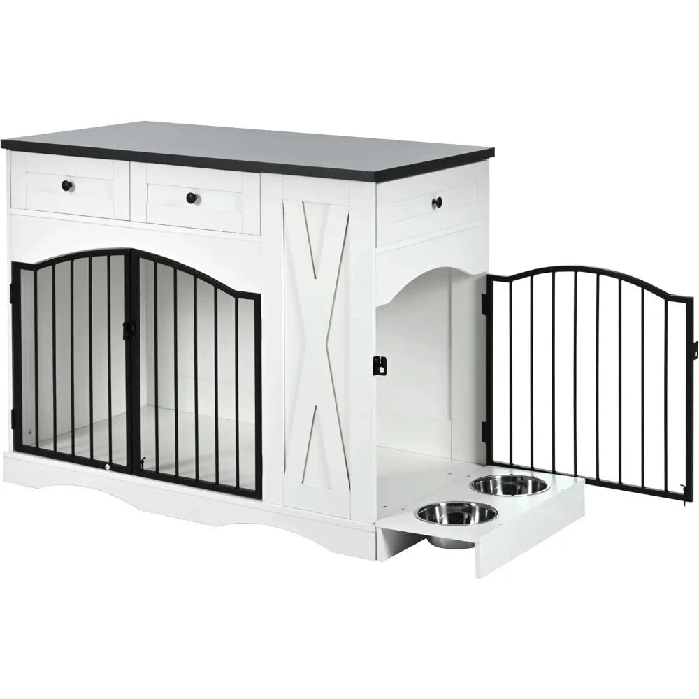 Go 43.3 Dog Crate Furniture for Medium & Large Dogs, Heavy Duty Wooden Dog Kennel with 3 Storage Drawers, Removable Feeder PAWN-SOME PETS