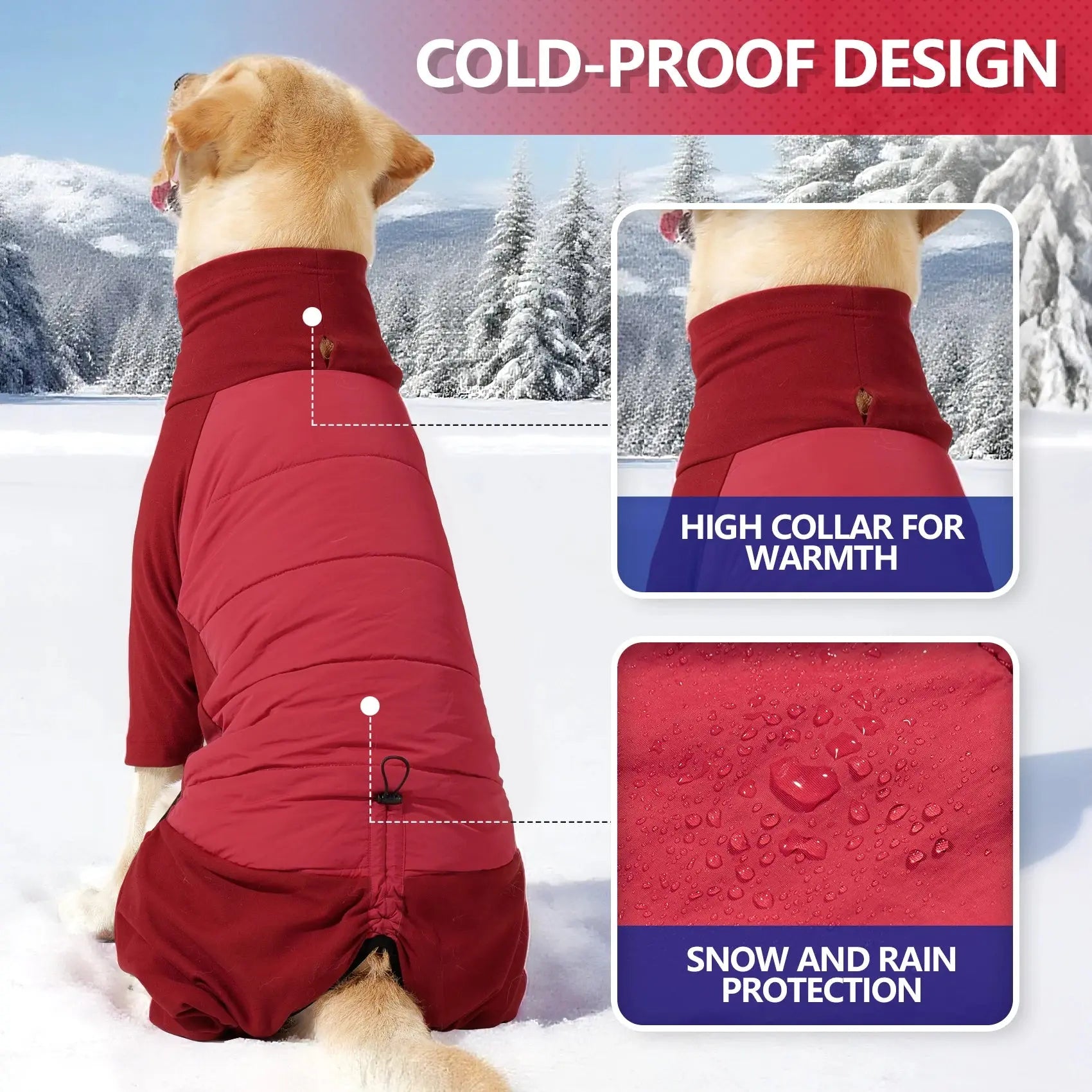 Fullbody Dog Coat, Turtleneck Windproof Dogs Winter Coat with Leash Hole for Large Medium Small Dogs,Four-Legged Snowsuit PAWN-SOME PETS