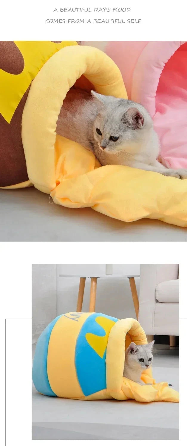 Thickened honey jar cat bed season semi enclosed cat and dog warm pet house, plush villa nest with detachable mats PAWN-SOME PETS