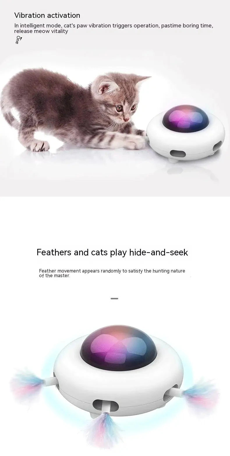 Cat Toy Smart Teaser UFO Pet Turntable Catching Training toys USB Charging Cat Teaser Replaceable Feather Interactive Auto PAWN-SOME PETS
