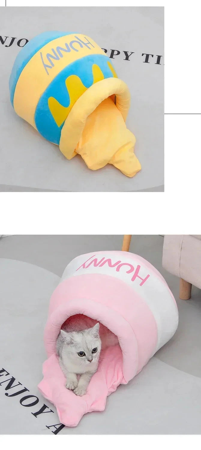 Thickened honey jar cat bed season semi enclosed cat and dog warm pet house, plush villa nest with detachable mats PAWN-SOME PETS