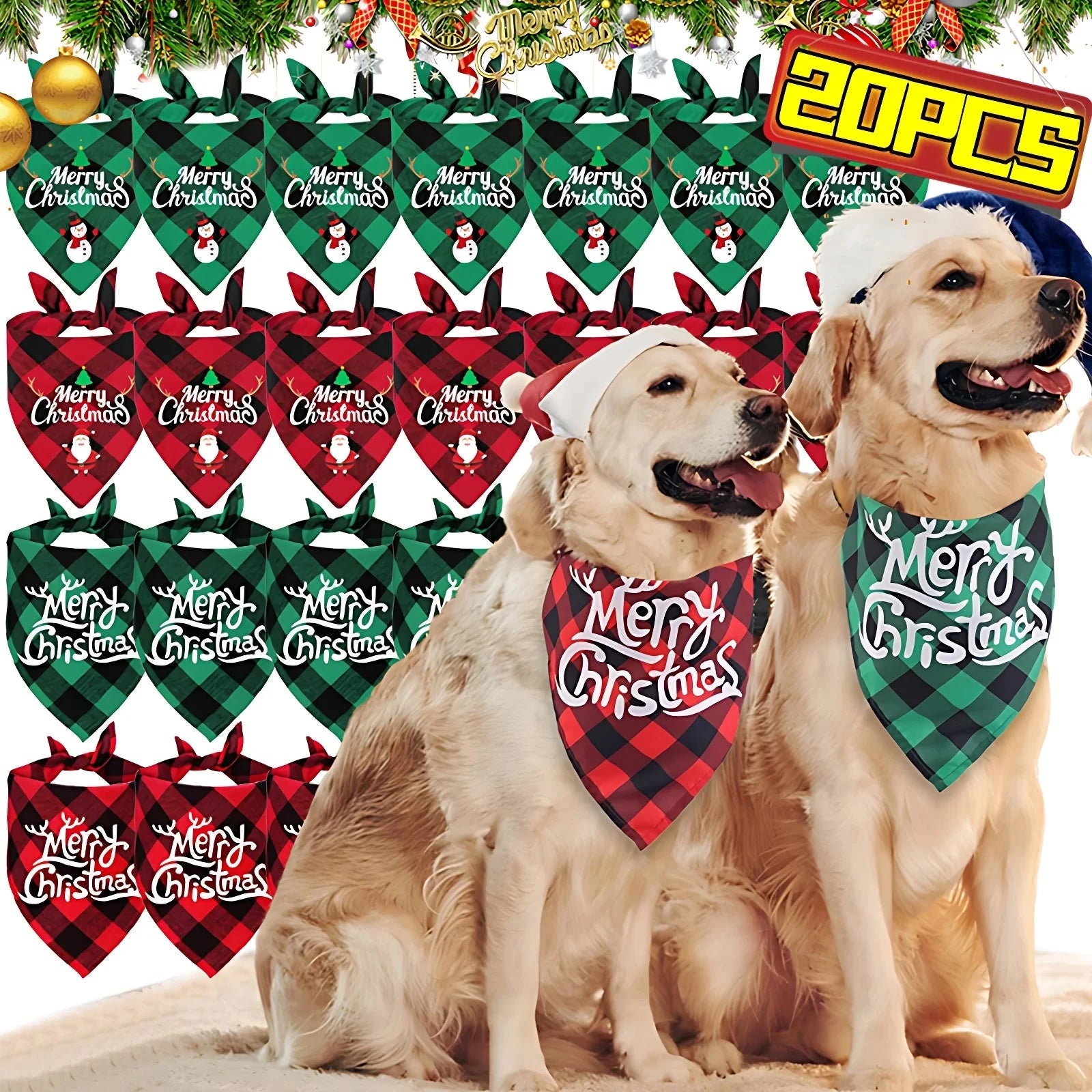 20/1pc Christmas Dog Bandana Santa Claus Printed Plaid Dog Bib Collar Adjustable Birthday Party Cats Triangle Scarves Pet Supply PAWN-SOME PETS