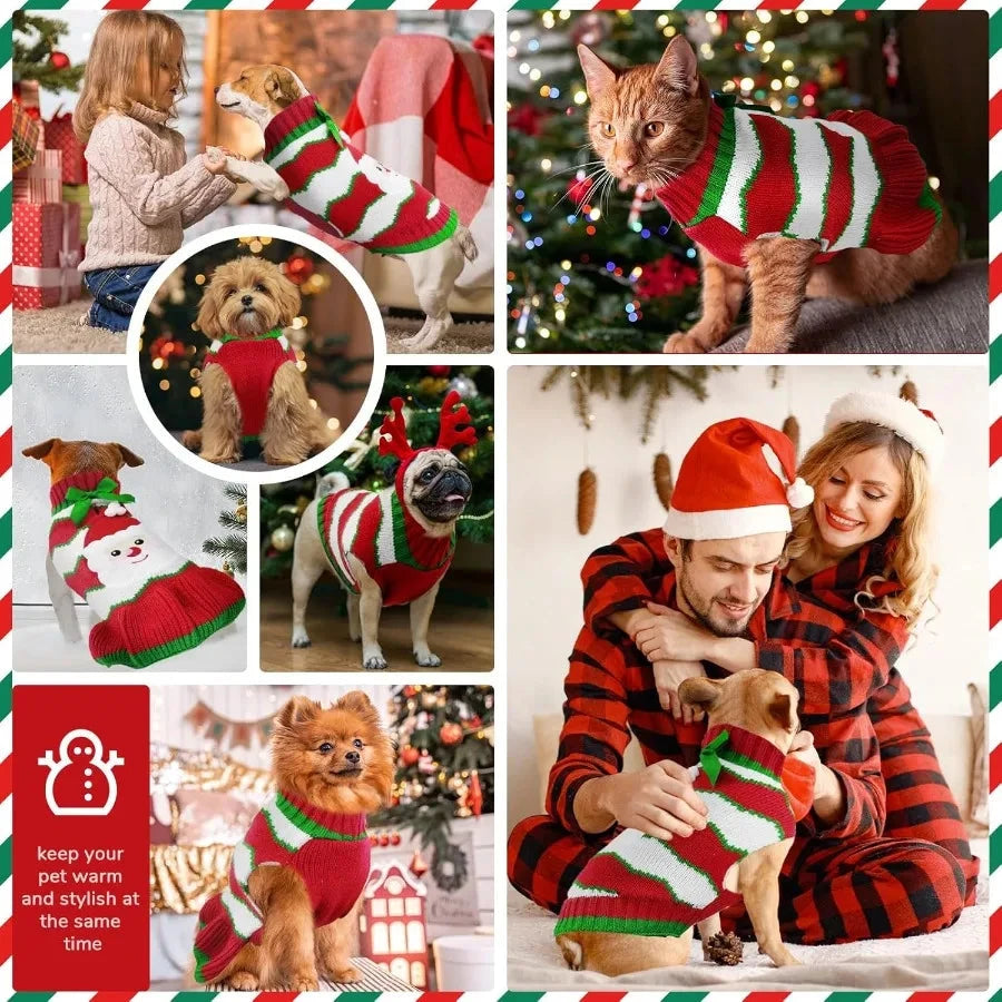 Christmas Dog Dress Sweater with Harness Hole Cute Santa Red Striped Knitted Puppy Sweaters Vest Soft Warm Fall Winter Girl Dog PAWN-SOME PETS