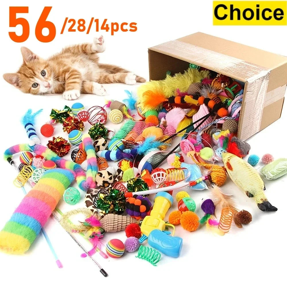 56pcs/28pcs/14pcs Cat Toys Mixed Pack. A Combination of Various Plastic Toys and Plush Toys Suitable for Multiple Cats To Play PAWN-SOME PETS