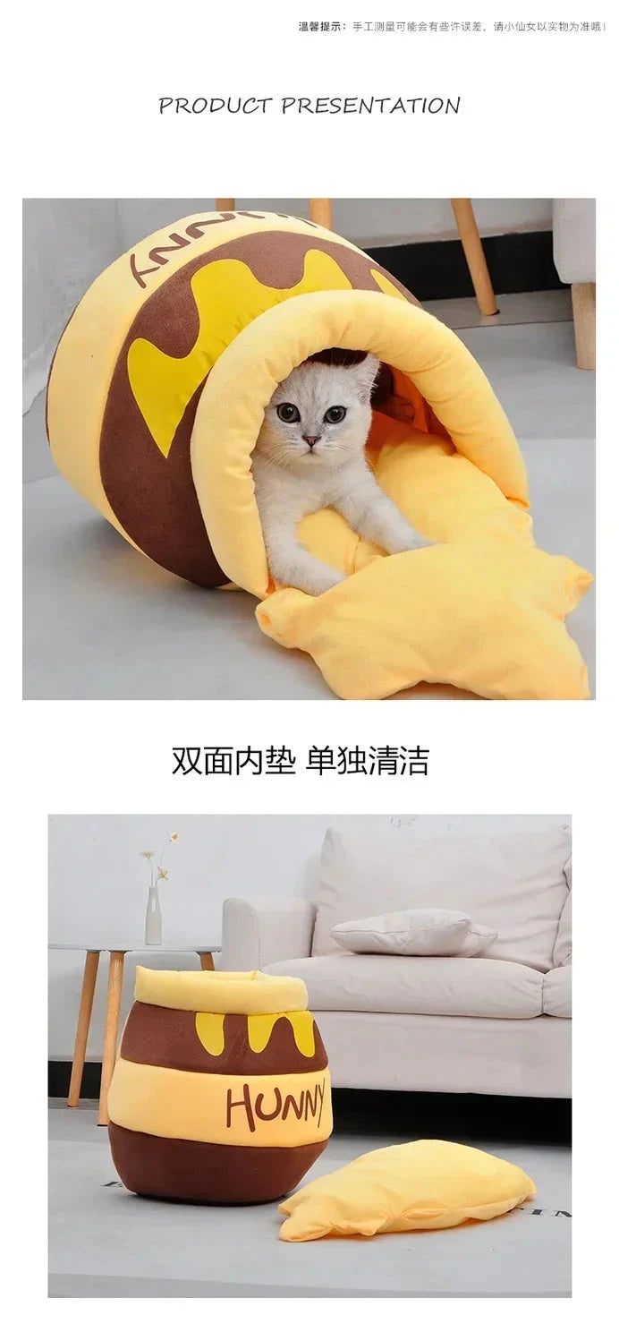Thickened honey jar cat bed season semi enclosed cat and dog warm pet house, plush villa nest with detachable mats PAWN-SOME PETS