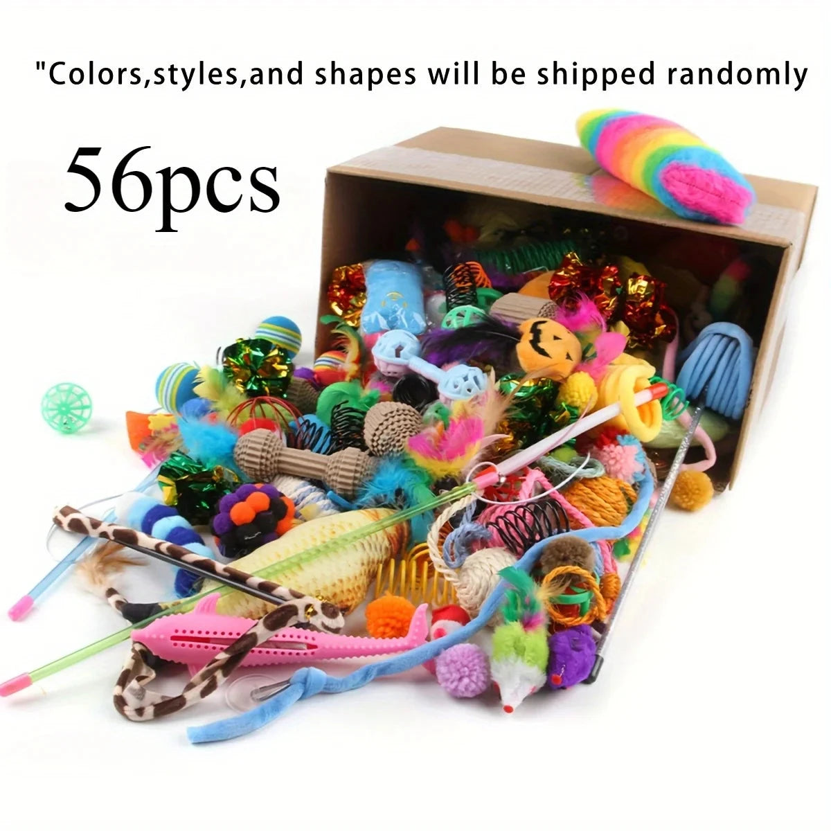 56pcs/28pcs/14pcs Cat Toys Mixed Pack. A Combination of Various Plastic Toys and Plush Toys Suitable for Multiple Cats To Play PAWN-SOME PETS