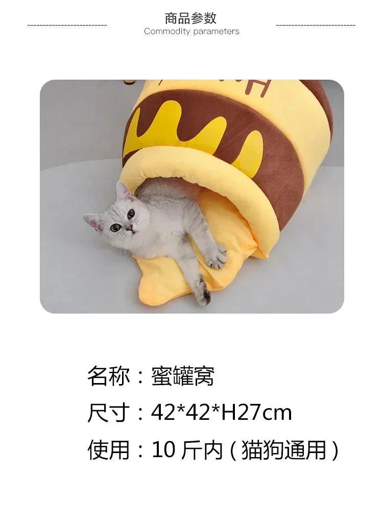 Thickened honey jar cat bed season semi enclosed cat and dog warm pet house, plush villa nest with detachable mats PAWN-SOME PETS