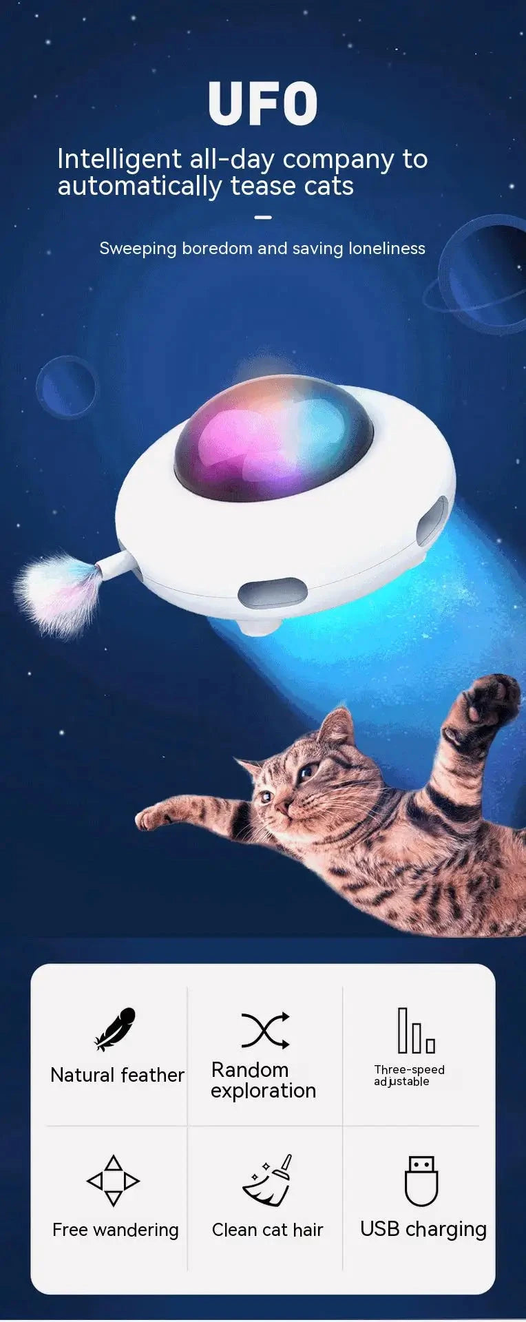Cat Toy Smart Teaser UFO Pet Turntable Catching Training toys USB Charging Cat Teaser Replaceable Feather Interactive Auto PAWN-SOME PETS