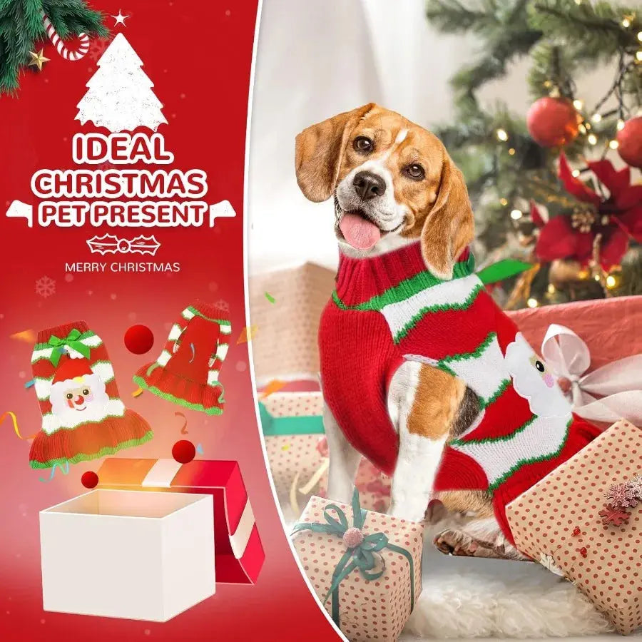 Christmas Dog Dress Sweater with Harness Hole Cute Santa Red Striped Knitted Puppy Sweaters Vest Soft Warm Fall Winter Girl Dog PAWN-SOME PETS
