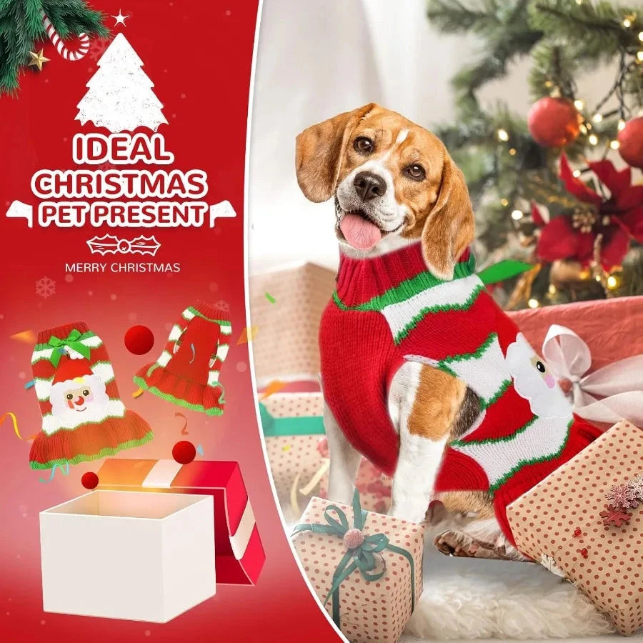 Christmas Dog Dress Sweater with Harness Hole Cute Santa Red Striped Knitted Puppy Sweaters Vest Soft Warm Fall Winter Girl Dog PAWN-SOME PETS