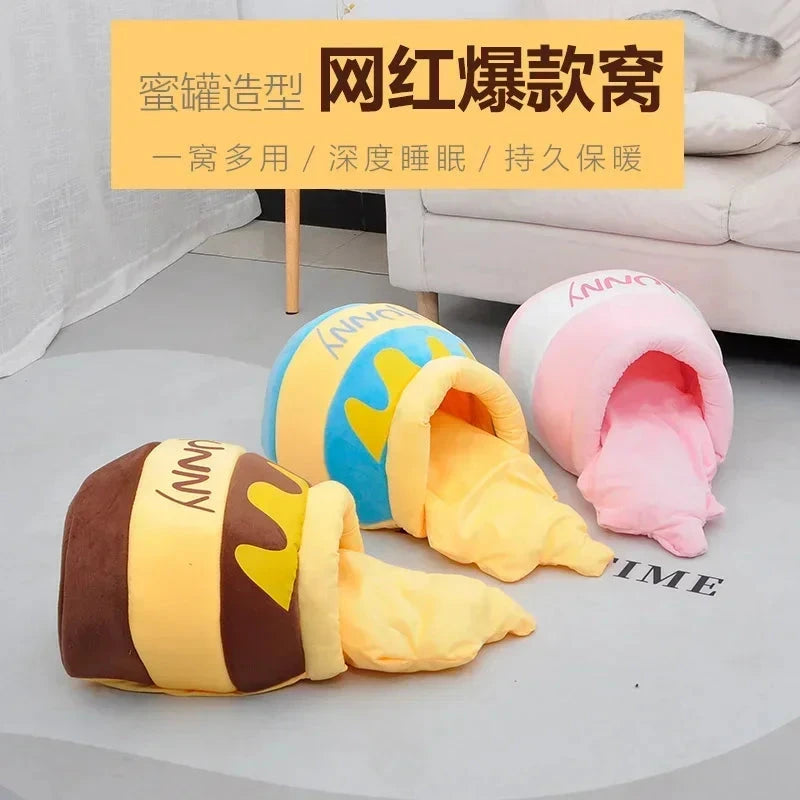 Thickened honey jar cat bed season semi enclosed cat and dog warm pet house, plush villa nest with detachable mats PAWN-SOME PETS