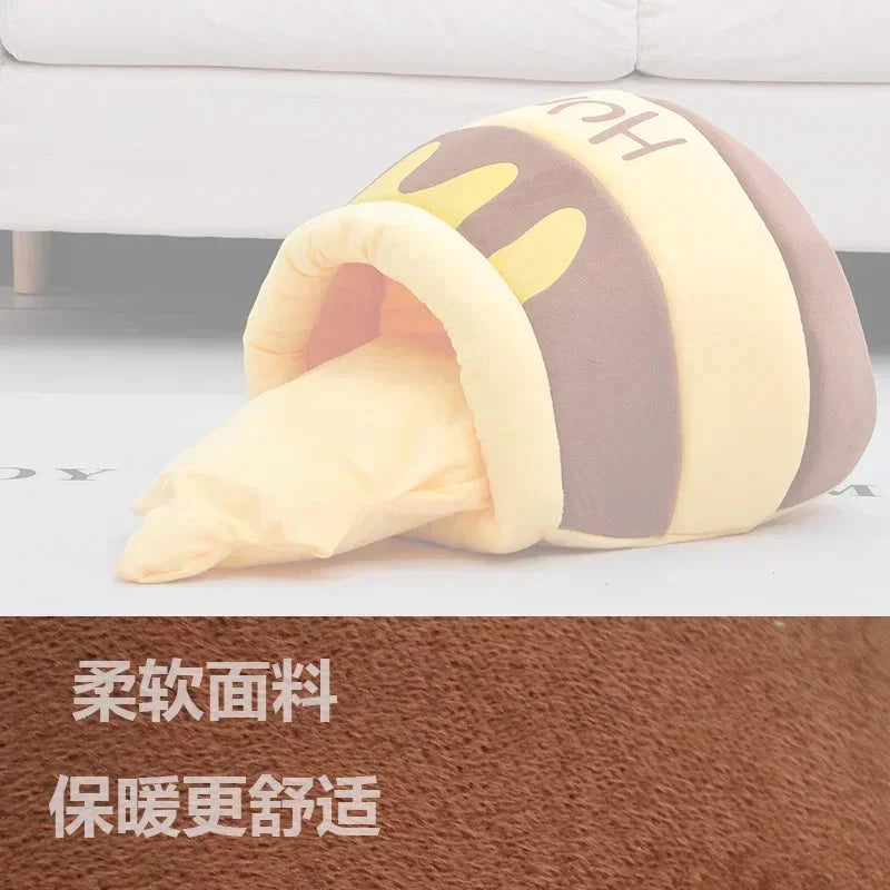 Thickened honey jar cat bed season semi enclosed cat and dog warm pet house, plush villa nest with detachable mats PAWN-SOME PETS