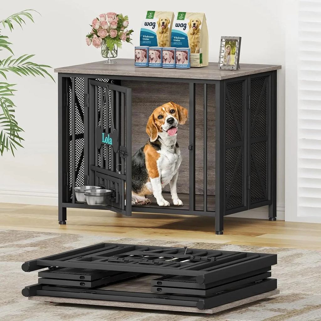 Dog Crate Furniture, 31.5" Assembly-Free Dog Crates for Small & Medium Dogs, Foldable Dog Kennel Indoor with Tag PAWN-SOME PETS