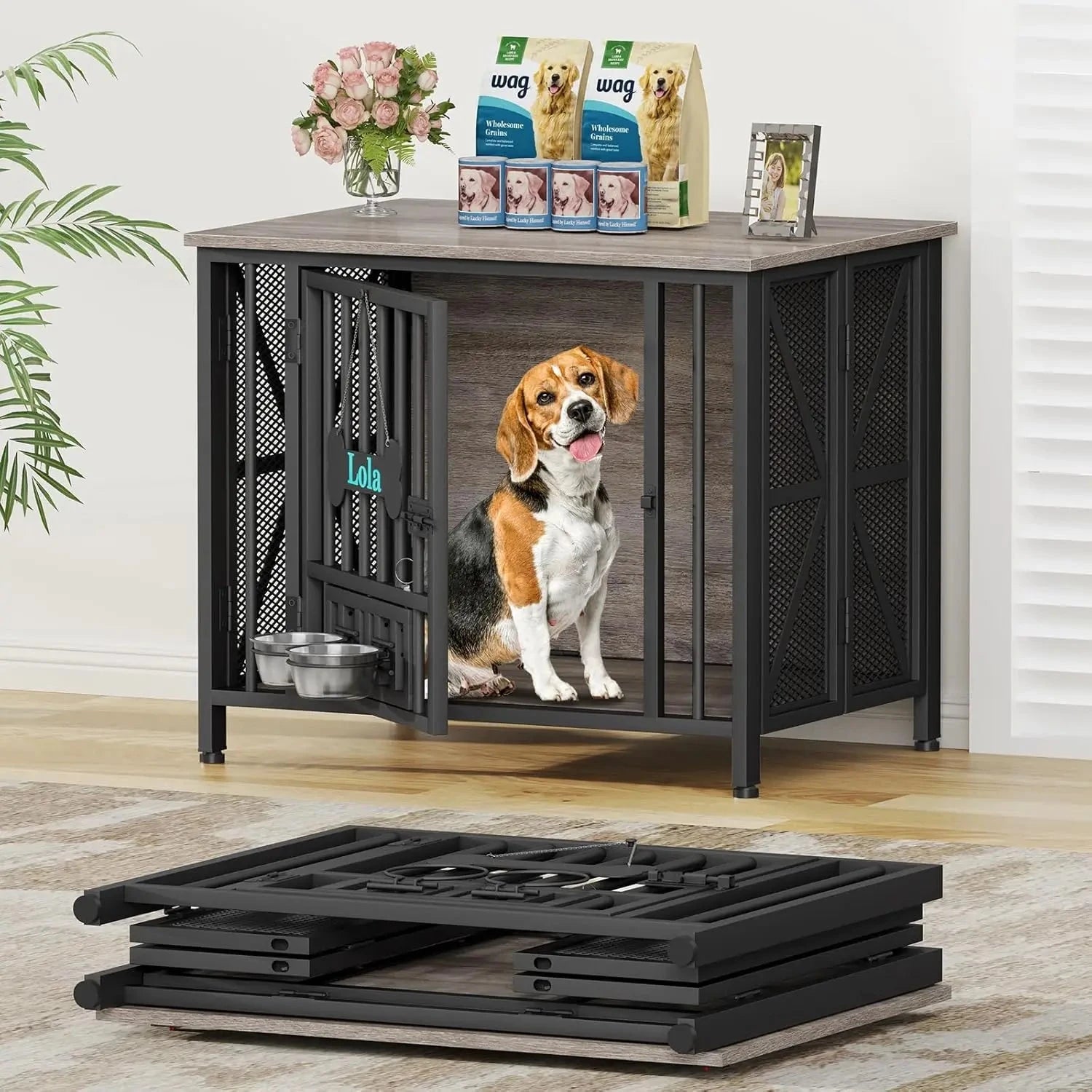 Dog Crate Furniture, 31.5" Assembly-Free Dog Crates for Small & Medium Dogs, Foldable Dog Kennel Indoor with Tag PAWN-SOME PETS