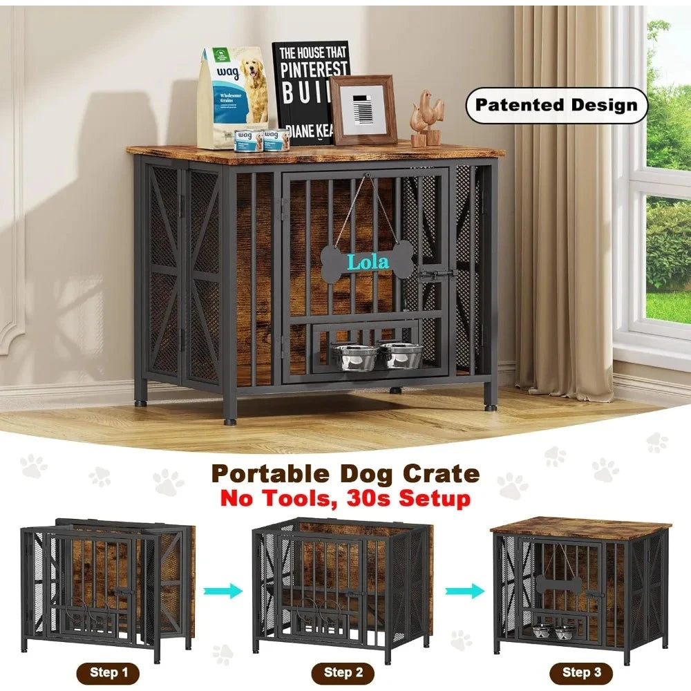 Dog Crate Furniture, 31.5" Assembly-Free Dog Crates for Small & Medium Dogs, Foldable Dog Kennel Indoor with Tag PAWN-SOME PETS