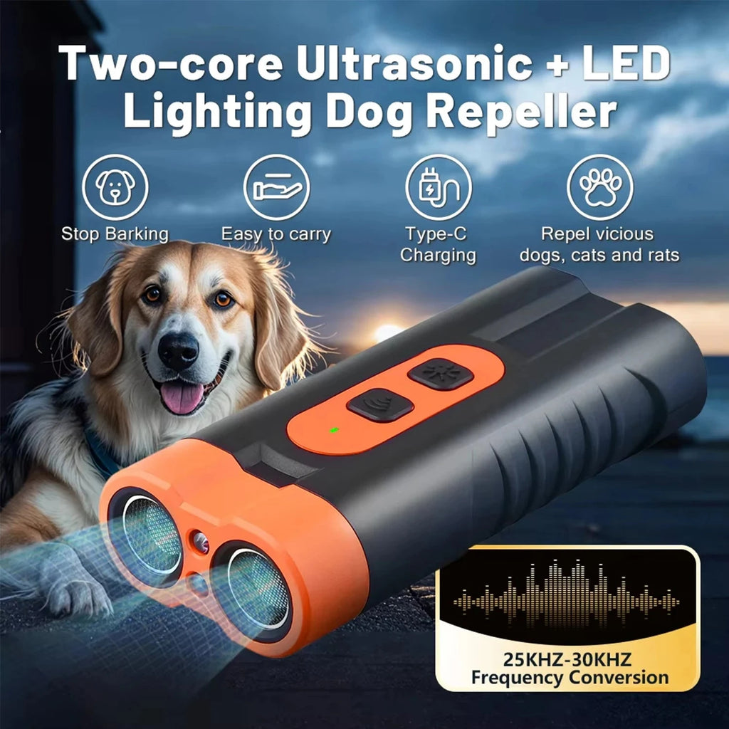 2025 Dual Head Ultrasonic Dog Repeller USB Rechargeable Dog Training Device High-Power Anti Bark Device with LED Flashlight PAWN-SOME PETS