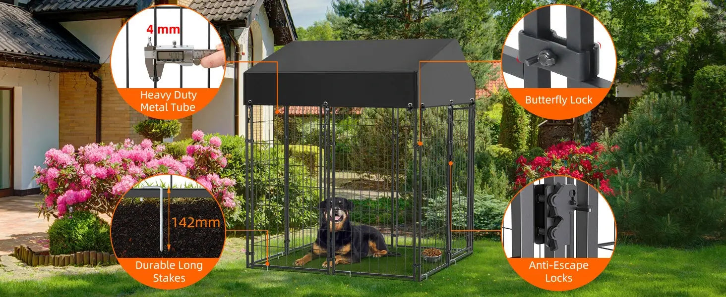 Heavy Duty Large Dog Kennel Pet Welded Metal Playpen Animal Cage with Roof Cover Pet Run Enclosure Playpen House Outdoor Indoor PAWN-SOME PETS