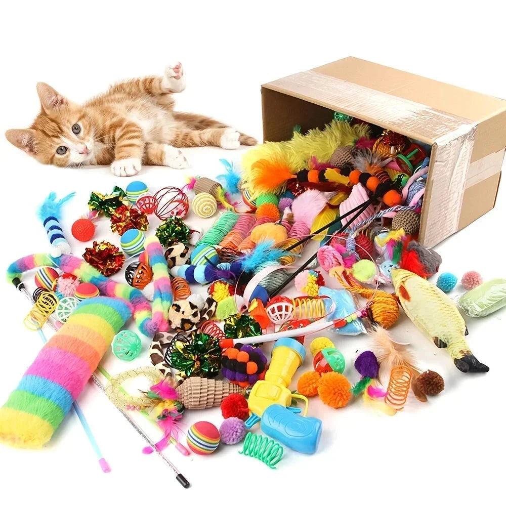 56pcs/28pcs/14pcs Cat Toys Mixed Pack. A Combination of Various Plastic Toys and Plush Toys Suitable for Multiple Cats To Play PAWN-SOME PETS