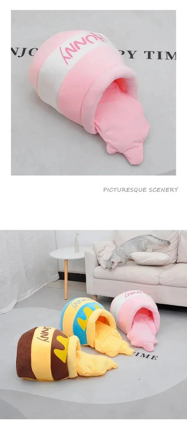 Thickened honey jar cat bed season semi enclosed cat and dog warm pet house, plush villa nest with detachable mats PAWN-SOME PETS