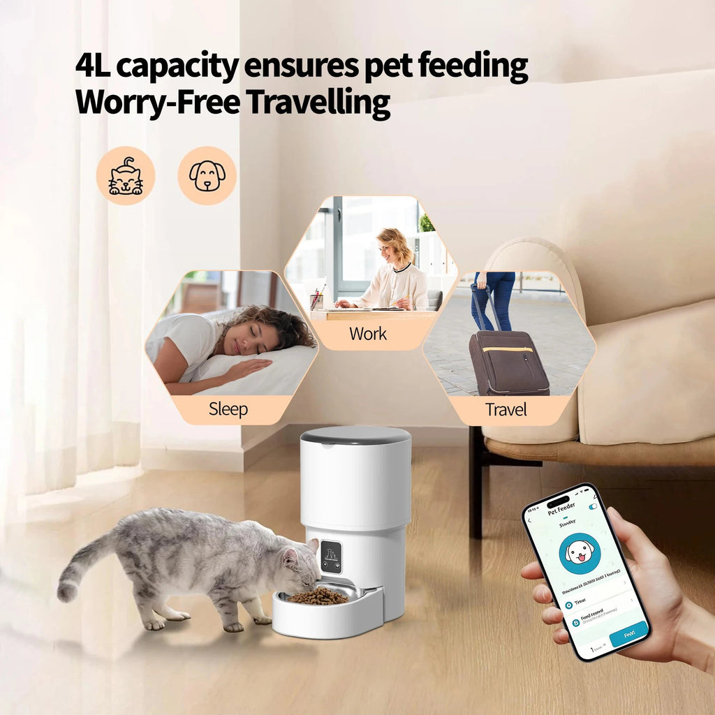 4L WIFI Button Automatic Cat Feeder Intelligent Cat and Dog Pet Feeder Smart Pet Cat Food Dispenser Pet Feeder(No 5V 1A plug) PAW-SOME PETS