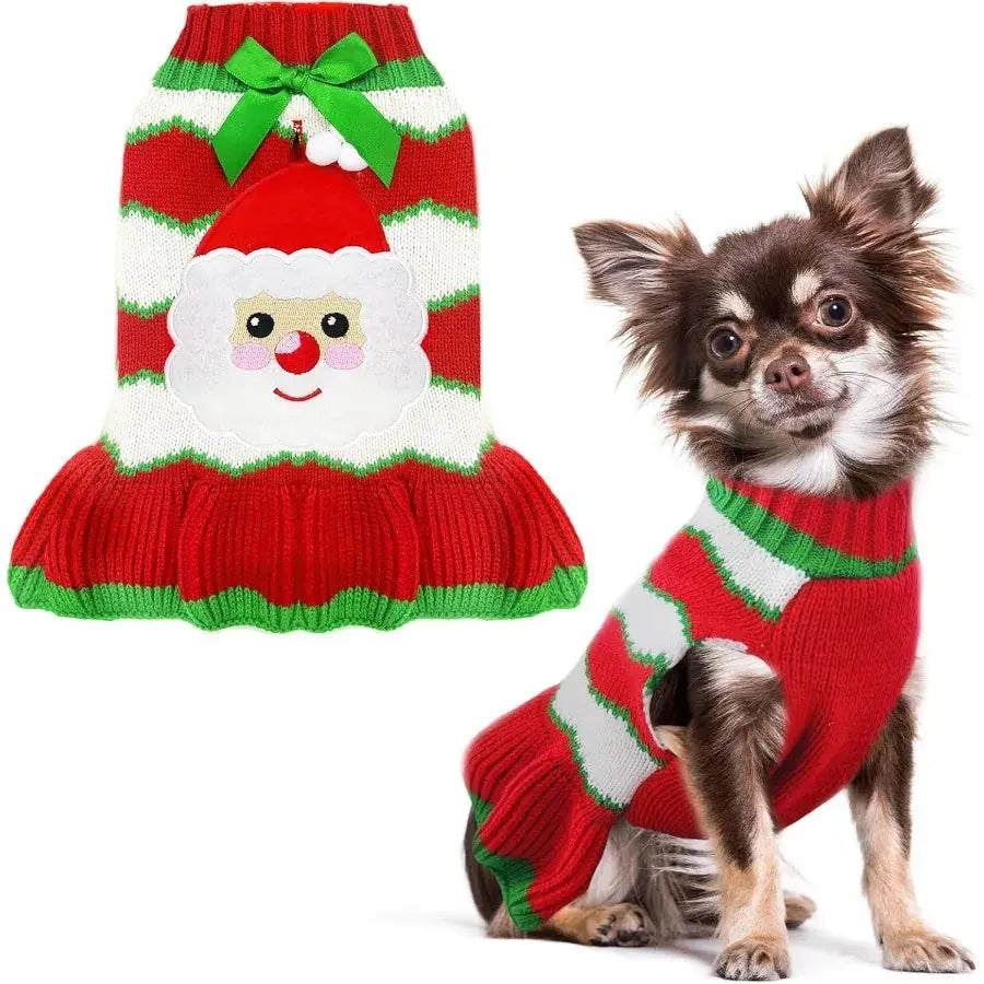 Christmas Dog Dress Sweater with Harness Hole Cute Santa Red Striped Knitted Puppy Sweaters Vest Soft Warm Fall Winter Girl Dog PAWN-SOME PETS